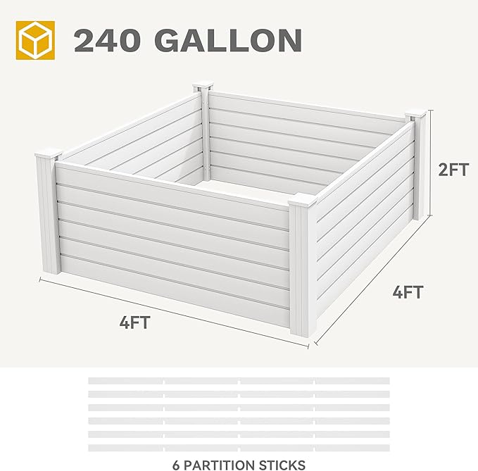 DWVO 4 x 4 x 2 FT Raised Garden Bed, Outdoor Vinyl Flower Bed with Growth Grid, Large Plastic Planter Box for Vegetables, Flowers, Herbs, Fruits, White