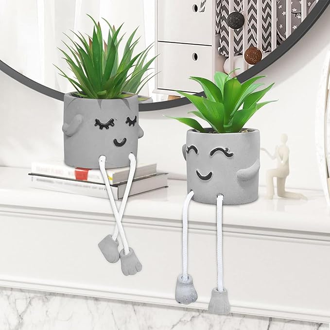 Zerzsy Faux Succulents in Cement Pots with Hanging Leg, Potted Mini Fake Plants for Desk Decor, Kitchen Shelf Decor, Office Decoration for Women, Bathroom Shelf Plants Decoration - Set of 2