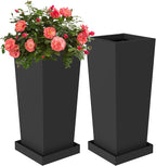 Tall Planters 28" H - 2 Pack, Tapered Pots with Drainage Insert Shelve & Trays, Metal Outdoor Planter Box for Porch, Garden, Patio, Yard (Black)