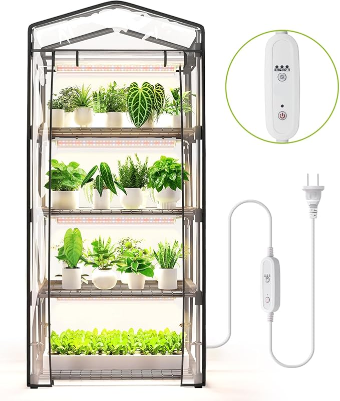 Indoor Greenhouse with Grow Light, 4 Tier, 1.6FT 80W Full Spectrum Grow Light with Timer, Portable Plant Shelves with Waterproof PVC Cover for Seed Starting, 26.4L X 19W X 61H