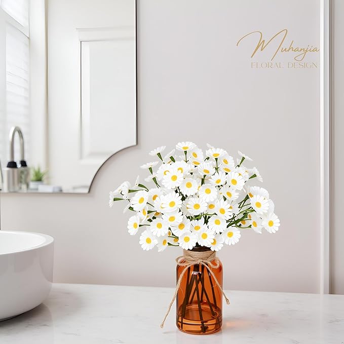 Muhanjia Artificial Daisy Flowers in Amber Glass Vase with Faux Water,9Pcs White Artificial Silk Flowers with Stems for Centerpiece (Daisy)