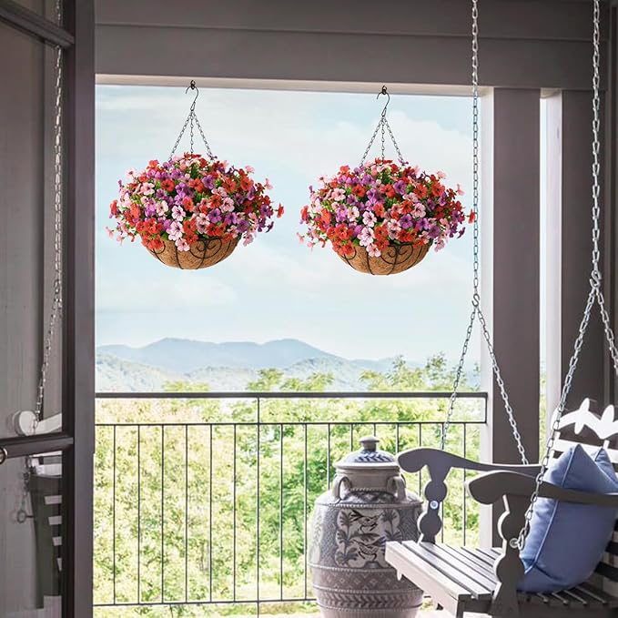 Artificial Faux Hanging Plants Flowers Basket for Outdoor Spring Summer Decoration,Fake Silk Daisy in Planter Realistic UV Resistant for Outside Home Porch Patio Balcony Yard(Purple Red Pink)