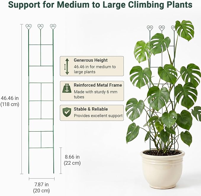 46 inch Plant Trellis for Climbing Plants, Metal Garden Trellis for Potted Houseplants Indoor & Outdoor, Rustproof Plant Support for Ivy Pothos Monstera Hoya Flower Vine, 1Pcs, Green