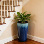 21 inch Tall Planter, Set of 2 Tall Planters for Outdoor & Indoor Plants, Large Outdoor Planters for Front Porch, Patio, Garden (Blue Flowing Glaze)