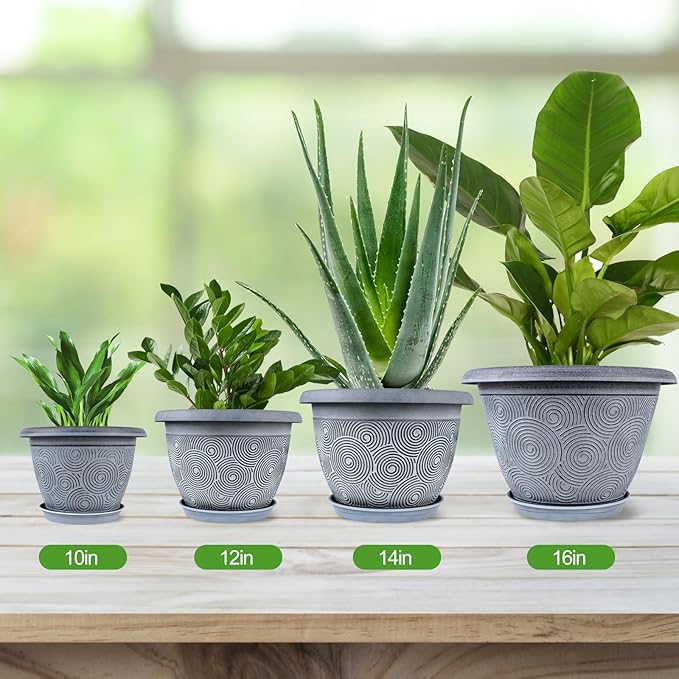 Fodetyff 14 Inch Large Planter Pot for Plants Indoor Outdoor, 4 Pack Plastic Flower Pots with Drainage Hole & Tray, Modern Decorative Garden Pot with Saucer, Plant Container for House