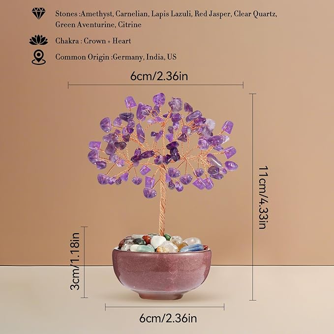 Amethyst Crystal Tree with Ceramic Base,Natural Gemstone Feng Shui Money Tree for Wealth,Good Luck & Positive Energy,Handmade 5 Inch Healing Abundance Bonsai for Home Office Decor