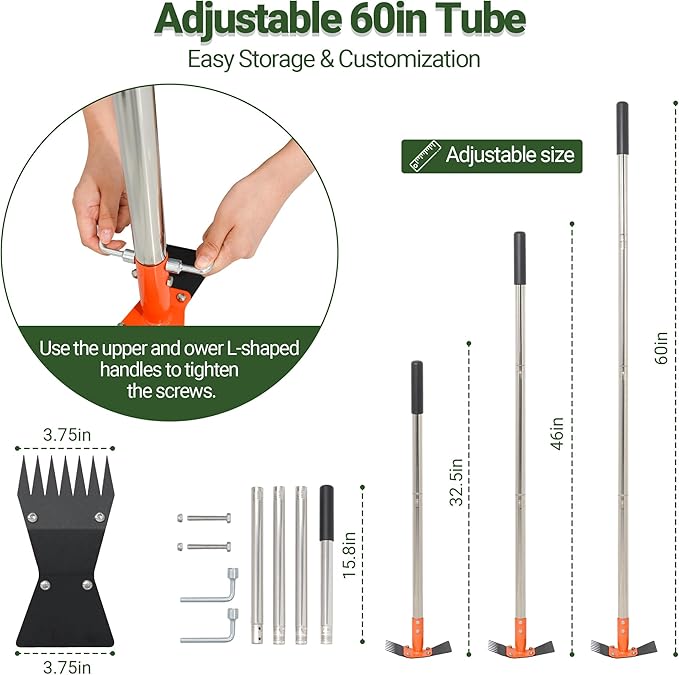 2-in-1 Garden Hoe and Weed Puller Rake, 60 Inch Adjustable Long Handle Weeding Tool Heavy Duty Spring Steel Head with Sand Texture Finish, Weed Remover for Garden, Yard, Lawn, Driveway