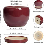 SQOWL Ceramic Pot for Plants - 10 Inch Indoor Planter with Drainage Hole and Saucer, Round Modern Planter Outdoor, Decorative Large Plant Pot for Flower, Living Room Decor, Garden Gifts, Red