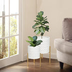 ARNIS Plant Pots with Stand, Set of 2 Indoor Planter Pots, Large Metal Planters with Stand, Mid Century Decorative Flower Pots with Drainage Hole and Gold Plant Stand, 8.25" & 10.5",Matte White