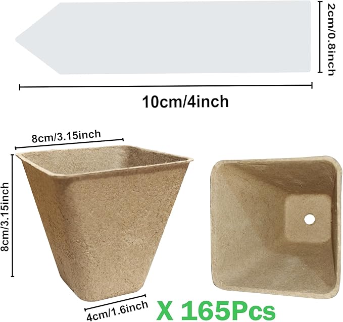 165-Pack 3.15 inch Square Peat Pots for Seedlings with 100 Labels, Biodegradable Nursery Pots withDrainage Holes for Plants