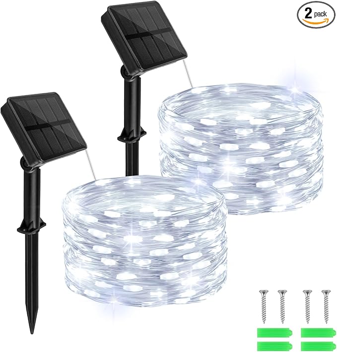 cshare Solar Fairy Lights Outdoor Waterproof,16.4ft 50LED Solar String Lights for Outside 8 Modes 2 Packs for Patio Backyard Garden Wedding Deorations Cool White