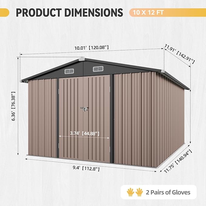 Aoxun 10x12 Shed with Brown Floor Galvanized Steel Outdoor Storage Shed Metal Garden Shed with Moisture-Proof Floor & Ventilation, Sloped Roof for Bike/Generator/Tool Storage (Brown with Floor)