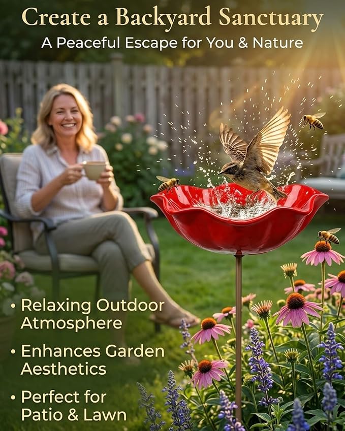 2026 Handmade Metal Flower Garden Stake with Bee Bath & Bird Water Bowl 24in Birdbaths Butterfly & Pollinator Flowers Watering Station Rain Catcher Decor Outdoors Yard Art Fountain Water Feeder