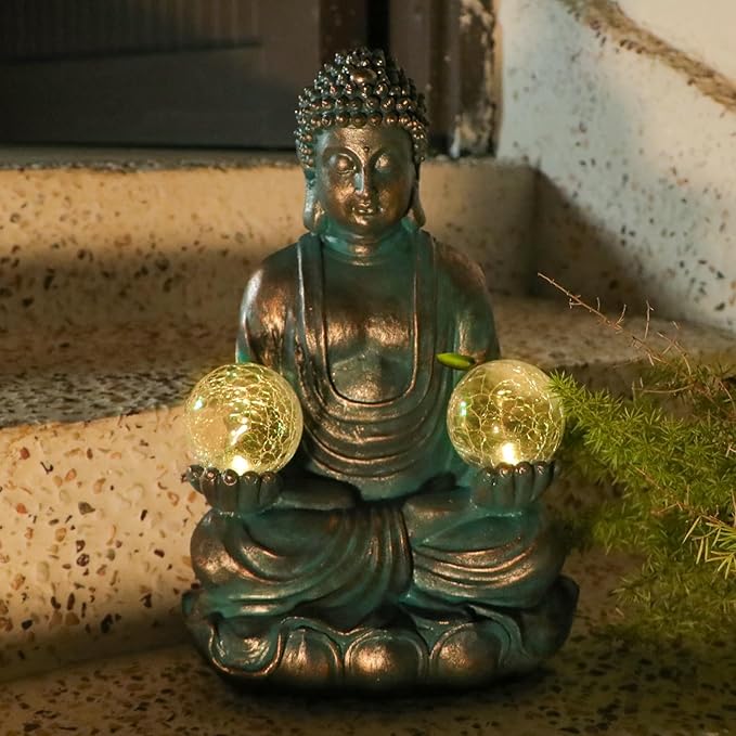 Afirst 10.5'' Meditating Buddha Garden Statues Solar Buddha Sculpture Decor with Glass Balls Zen Meditation for Home Garden Yard Patio Indoor Outdoor Ornaments Gifts for Mom