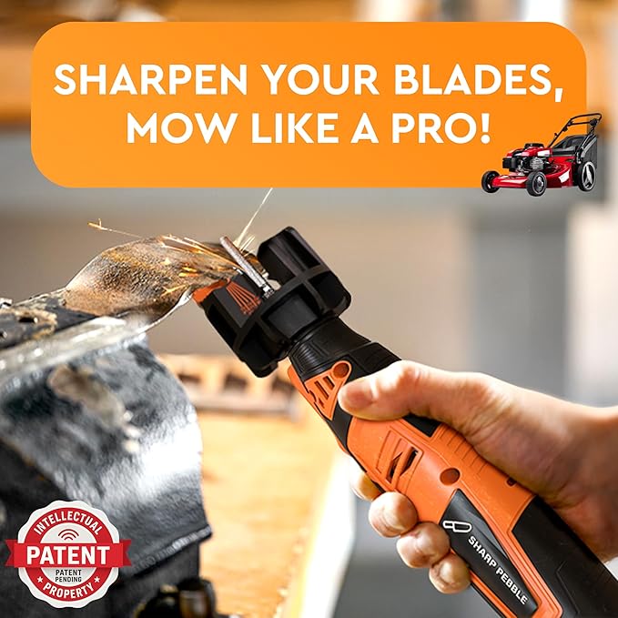 Sharp Pebble Cordless Lawn Mower Blade Sharpener – Adjustable 20°- 40° Angle Guide-Rotary Tool with Replaceable Sharpening Wheel Bits & Fast Rechargeable Battery – Effortless Precision for Lawn Care