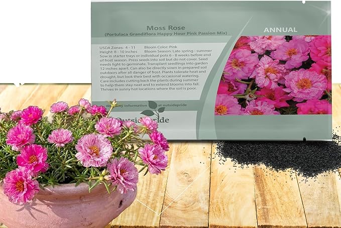 Outsidepride Pink Mixed Moss Rose Seeds - 500 Pcs Annual, Drought & Heat Tolerant, Pollinator Friendly Ground Cover Seeds for Planting w/Vibrant Blooms & Succulent Foliage, Ideal for Xeriscaping