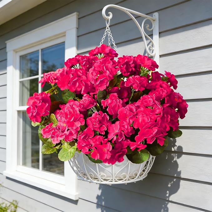 Fake Outdoor Flowers, 4 Pcs Artificial Flowers For Outdoors, Rose Red Artificial Geraniums Plastic Flowers, Fake Plant For Outside, Silk Faux Flowers For Outdoor Planters UV Resistant For Front Porch