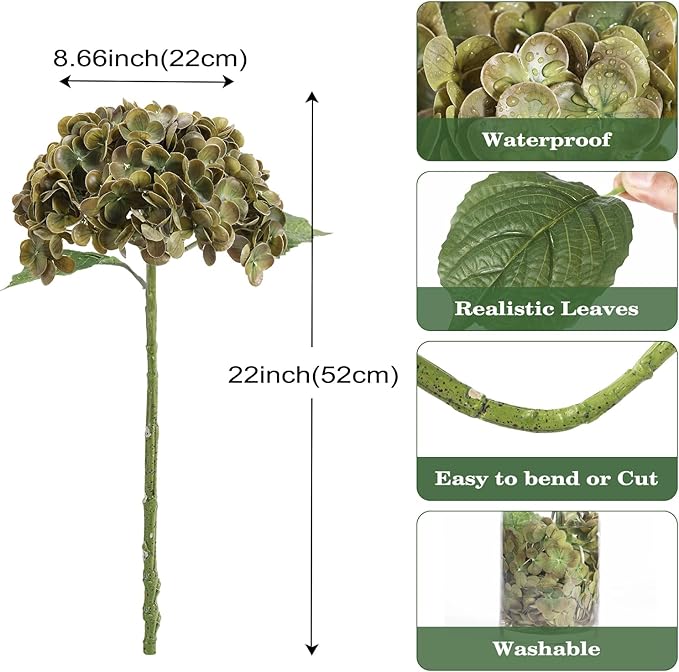 Coferset 4Pcs Olive Green Hydrangea Artificial Flowers Lifelike Faux Hydrangea Real Touch Artificial Flowers for Outdoors Home Wedding Christmas Office Party Living Room Decoration,22inch