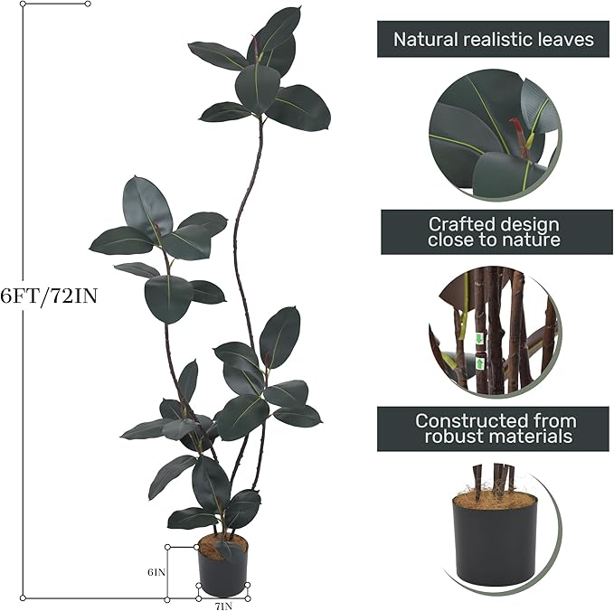Artificial Rubber Tree 6FT(72in) Tall Faux Trees with Realistic Leaves, Fake Rubber Floor Potted Artificial Plants for Home Office Living Room Indoor Outdoor Decor (6feet,1Pack)
