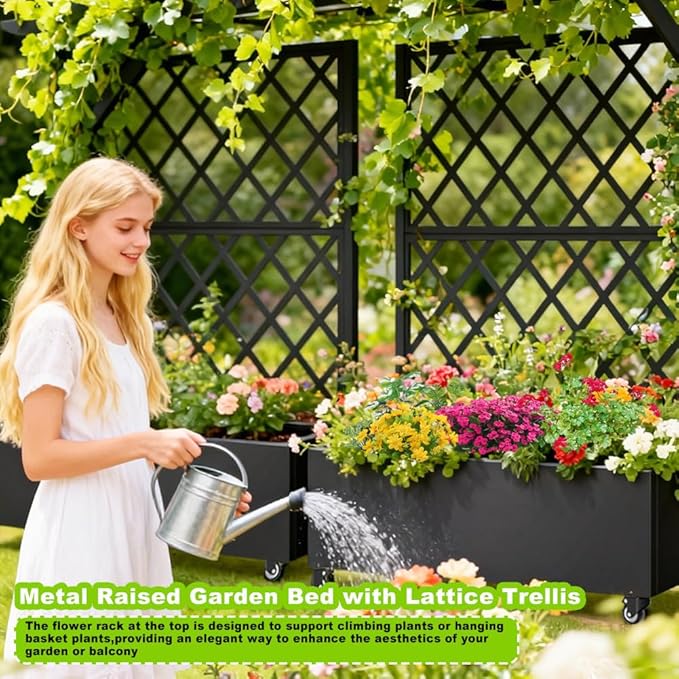 Metal Planter Box with Privacy Screen Trellis,Galvanized Raised Garden Bed On Wheels for Climbing Plants Vines, Standing Garden Flower Bed with Drainage Holes (Black, 35" L x16 W x 55" H)