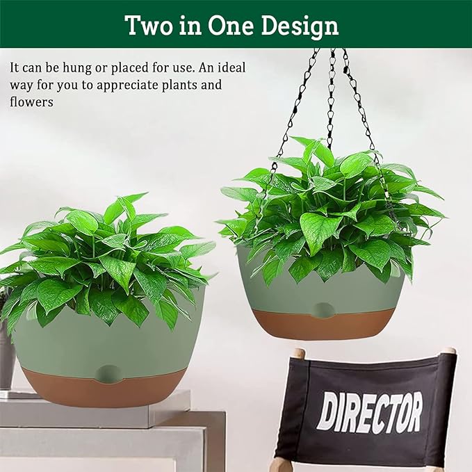 Koalaime Hanging Planter Self Watering 10 Inch, 2 Pack Indoor Outdoor Hanging Baskets, Hanging Flower Pots with Drainage Hole & 2 Kinds of Plant Hangers for Garden Home Decor(Green)…