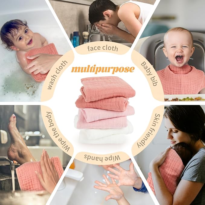 MIGIOL Baby Burp Cloths 100% Cotton Newborn Muslin Burp Cloths 10x20 inches Baby Essentials (6, White & Pink)