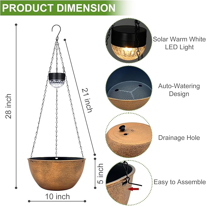BAYN 2 Packs Solar Hanging Basket Planters for Plants Outdoor, Self Watering Bronze Flower Plants Pots with Solar Light Drainer for Balcony Patio Garden Outdoor Decoration