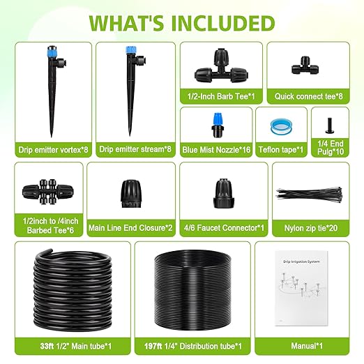 230FT New Quick-Connect Drip Irrigation System Kit, Automatic Garden Watering Misting System for Greenhouse, Yard, Lawn, Plant with 1/2 inch Hose 1/4 inch Distribution Tubing and Accessories