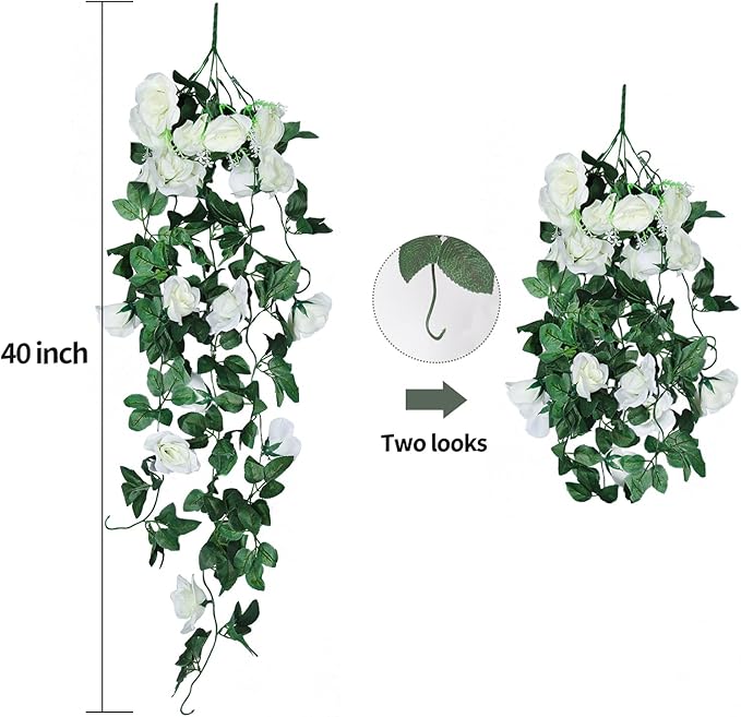RECUTMS Artificial Plants Hanging 2Pieces 3.3Ft Rose Plant Flowers Vines Wedding (White)