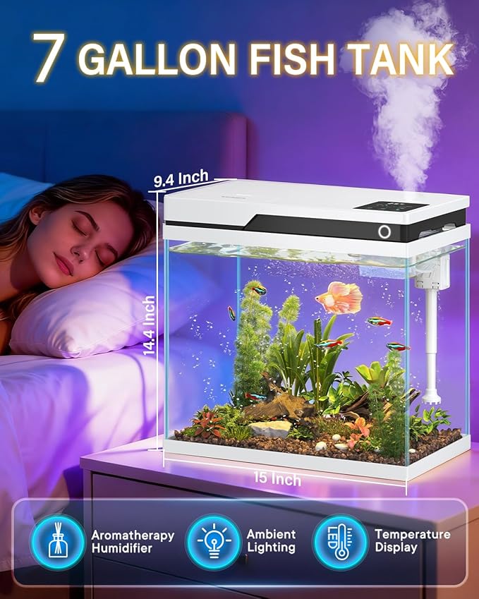 Vehipa Fish Tank, Smart Fish Aquarium Kit 7 Gallon with Auto Feeder, Humidifier, 4-in-1 Silent Pump, Adjustable Lighting & Temperature Display for Desktop, Office, Room