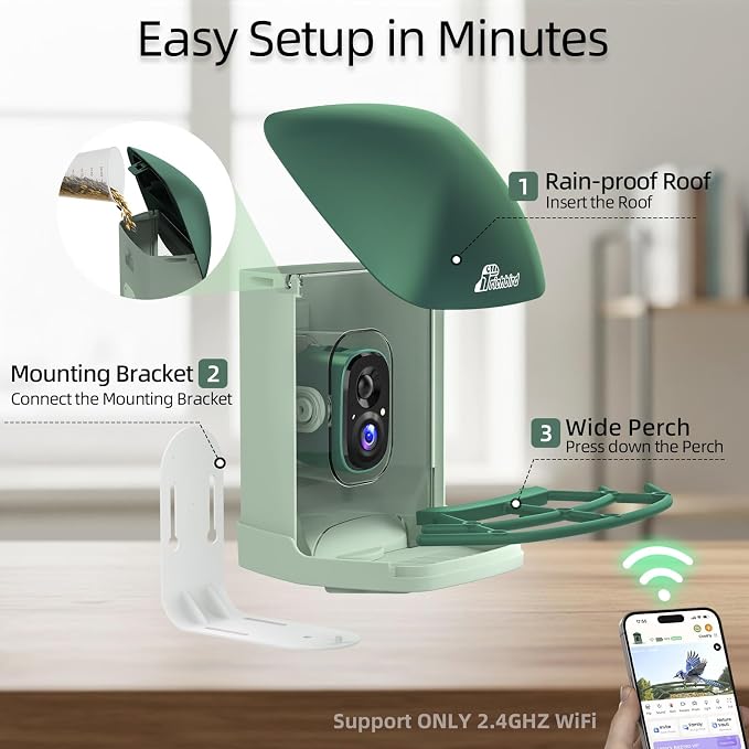 Smart Bird Feeder with 4MP HD Camera, Birdwatching Camera with Free AI Identify Birds & Solar Panel for Outdoors, Auto Video Capture & Instant Notifications,for Dad Granpa Birdlovers,Green