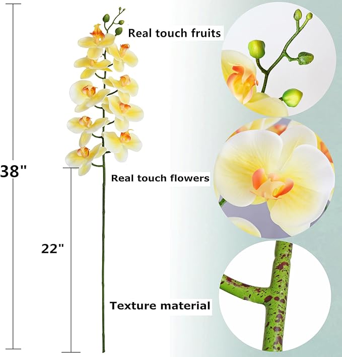 Htmeing 38 Inch Artificial Phalaenopsis Flowers Branches Real Touch (Not Silk) Orchids Flowers for Home Office Wedding Decoration,Pack of 2 (Light Yellow)