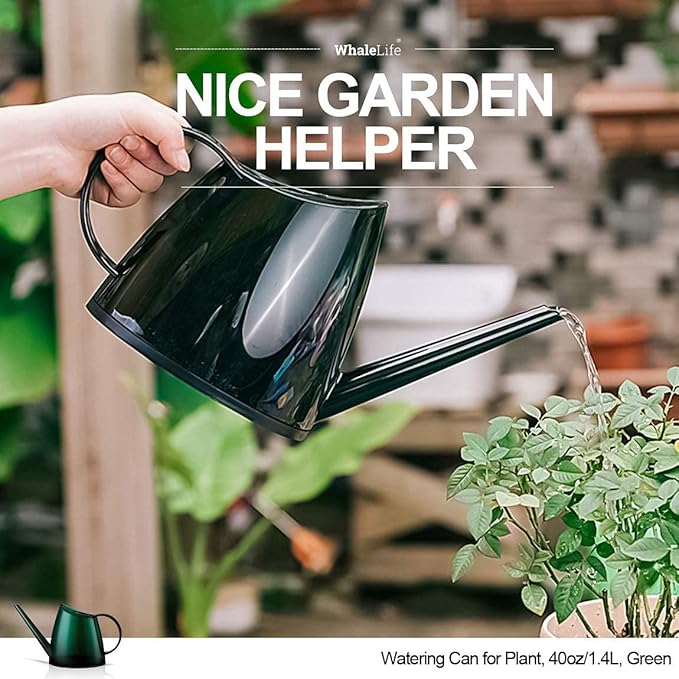 WhaleLife Small Indoor Watering Can for House Plants - Stylish Green Plastic Watering Pitcher with Long Spout for Potted Plants, Succulents, and Desk Gardens 1.4L