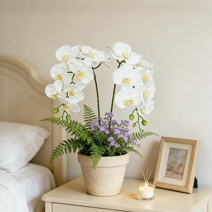 Htmeing 38 Inch Artificial Phalaenopsis Flowers Branches Real Touch (Not Silk) Orchids Flowers for Home Office Wedding Decoration,Pack of 2 (White)