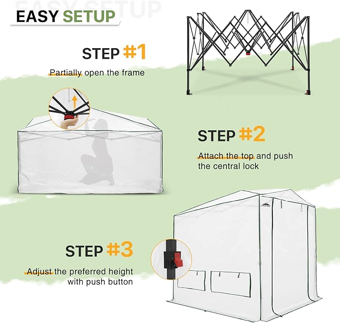EAGLE PEAK 8x6 Portable Walk in Greenhouse, Pop Up Indoor Outdoor Greenhouse, Green House Kit with Zippered Roll-Up Doors and Windows, Woven Cover, Translucent