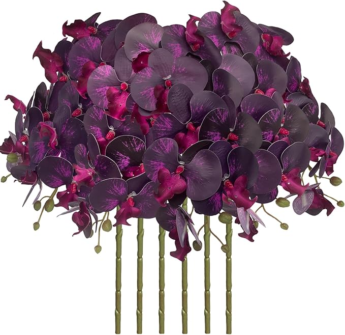 FagusHome 32 Inch Artificial Phalaenopsis Flowers 6 Pcs Artificial Orchid Flowers Stem Plants for Home Décor (Dark Purple)