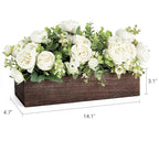 Dahey Centerpiece Table Decorations for Dining Room Farmhouse Living Room Wood Tray with 3 Artificial Flowers and 2 Eucalyptus for Kitchen Table, 14.1" x 4.7" x 3.1", White