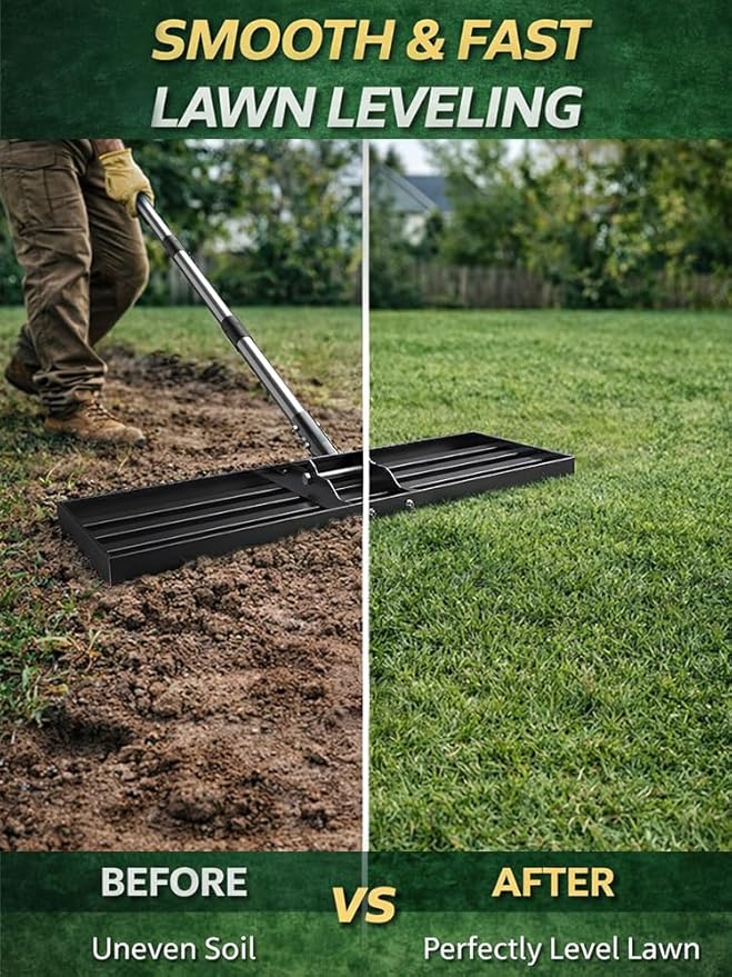 30x10 inch Lawn Leveling Rake, Yumatum 72" Effort Saving Lawn Leveler Tool, Stainless Steel Handle Lawn Leveler for Golf Course Yard Pasture Garden, Professional Lawn Care Landscape Rake