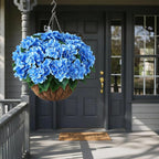 FOTEEWL 8 Bundles Artificial Hydrangea Flowers for Outdoor Decor, Realistic Faux Silk Bouquets Sun-Resistant Fake Plants for Front Door Balcony Farmhouse Garden Home Spring Summer Decor (Blue)