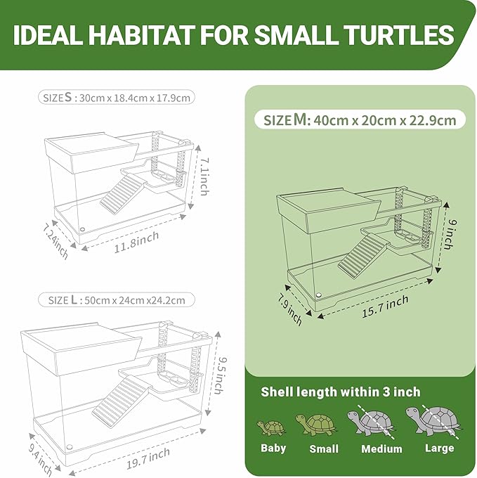 GOZILLA Aquatic Turtle Tank Kit+Lamp+Filter, Upgrade PC Turtle Tank Starter Kit with Adjustable Lamp & Filter,Reptile Habitat with Lid,Hanging Platform for Small Reptiles.(15.75×7.9×9''/Black Kit)