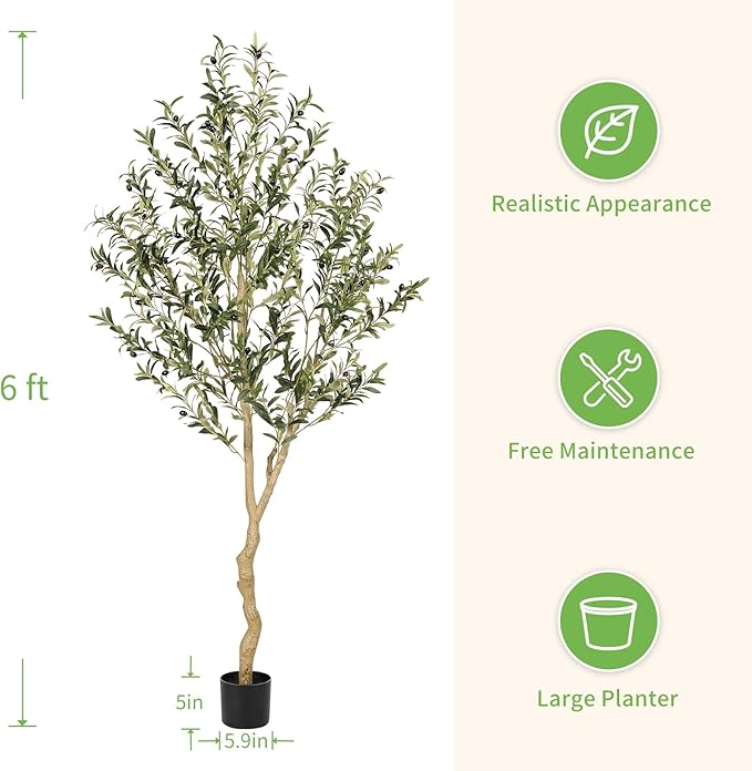Realead 6ft Faux Olive Tree, Tall Olive Tree Plants, Fake Potted Olive Silk Tree, Artificial Olive Trees for Modern Home Office Living Room Floor Decor Indoor