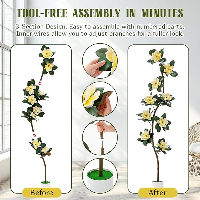 Jexine 7 ft Artificial Rubber Tree with 9 Magnolia Flowers in Pot Extra Tall Faux Magnolia Tree Fake Plant Indoor Floor Plant for Indoor Living Room Office Home Decor