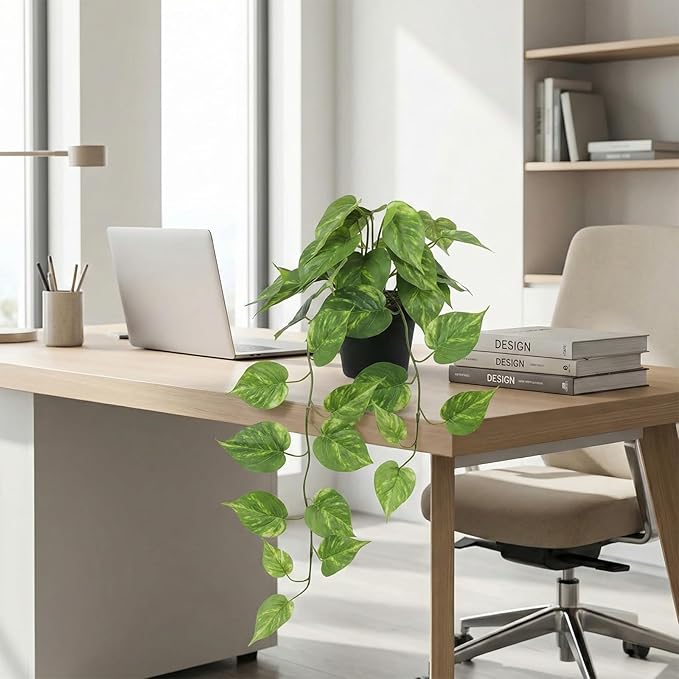 Fake Pothos Hanging Plants – Artificial Plastic Ivy Vines with Pots, Realistic Faux Greenery for Indoor Home Office Bathroom Shelf Cabinet Tabletop Decoration