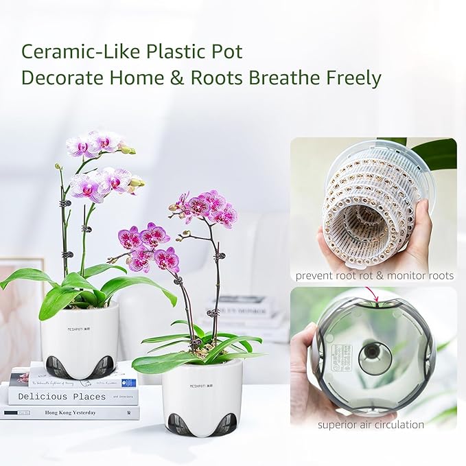 5 inch Orchid Pots with Holes for Repotting with Excellent Airflow, Set of 2, Double Layer Plastic Imitate Ceramic Orchid Planter, Clear Orchid Pot Match Decorative Orchid Container