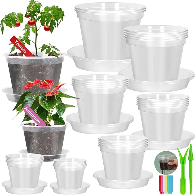 30Pcs Clear Plastic Nursery Pots with Drainage Holes and Saucers, 2.8/3.1/3.5/3.9/5.1/5.9/7.1Inch Seedling Starter Pots with Tool for Indoor Outdoor Gardening Flower, Herb, Succulent Transplanting