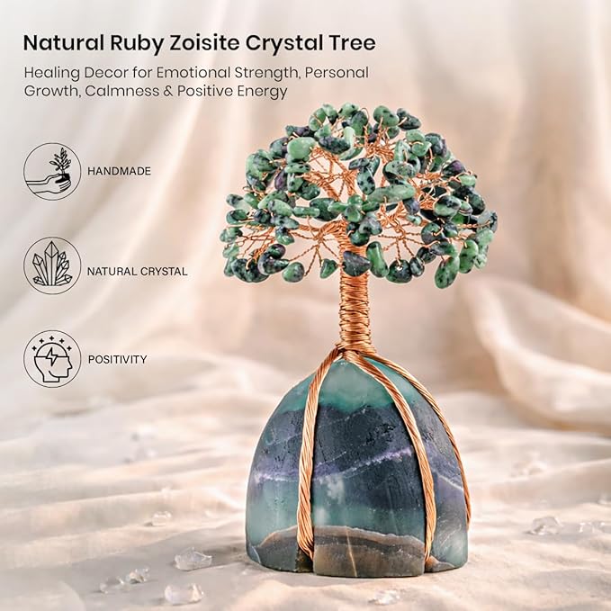 Crocon® Ruby Zoisite Crystals Tree with Fluorite Rough Base, Birthday Gifts for Women & Men, Room Decor, Healing Crystals Spiritual Gift, House Warming Gifts New Home, Birthday Gift - Mom Sister Wife