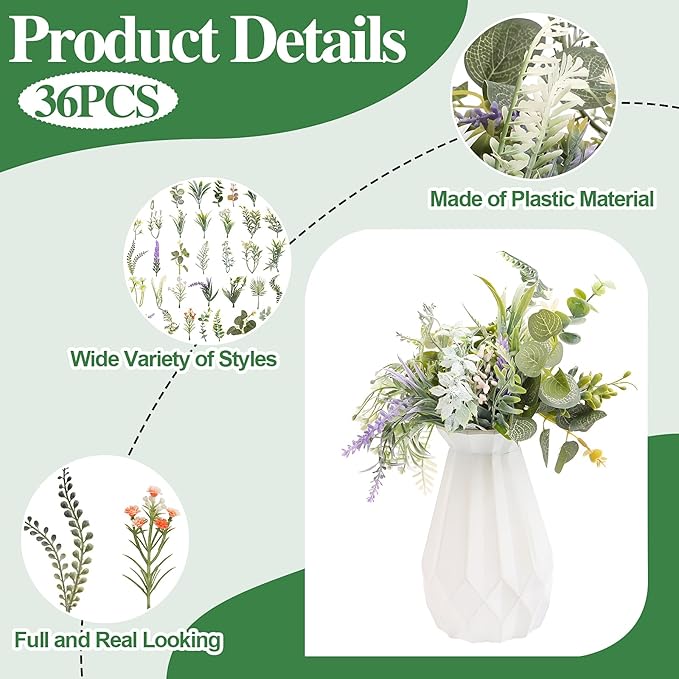 FOIMAS 36Pcs Mini Fake Green Leaves, Artificial Faux Plants Leaves Flowers for DIY Craft Small Bouquets Bridal Baby Shower Envelope Cakes Gifts Home Party Wedding Anniversary Decoration