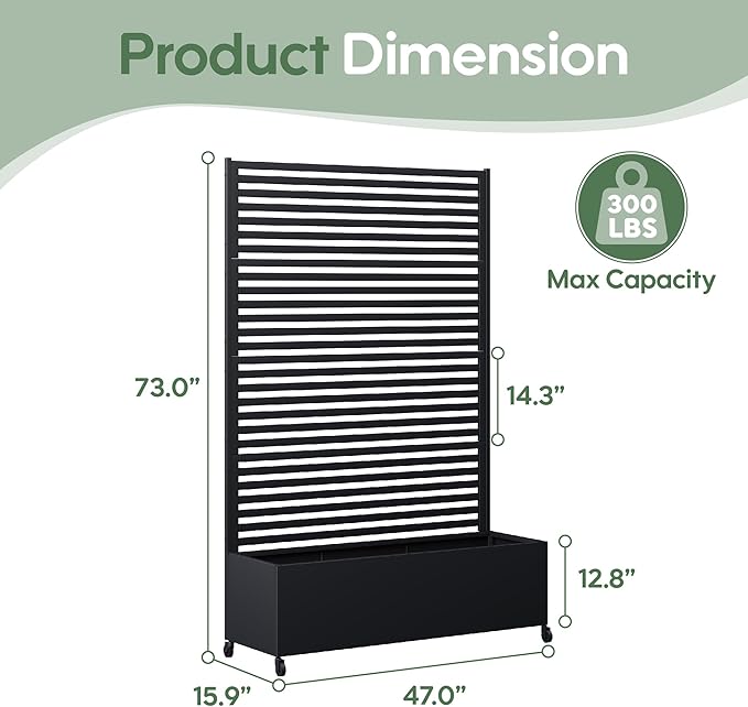 Metal Planter Box with Trellis Privacy Screen, Raised Garden Bed with Trellis & Wheels, Privacy Planters for Patio, Planter Box with Drainage Holes for Climbing Plants, 73"x 47"x 16", Black