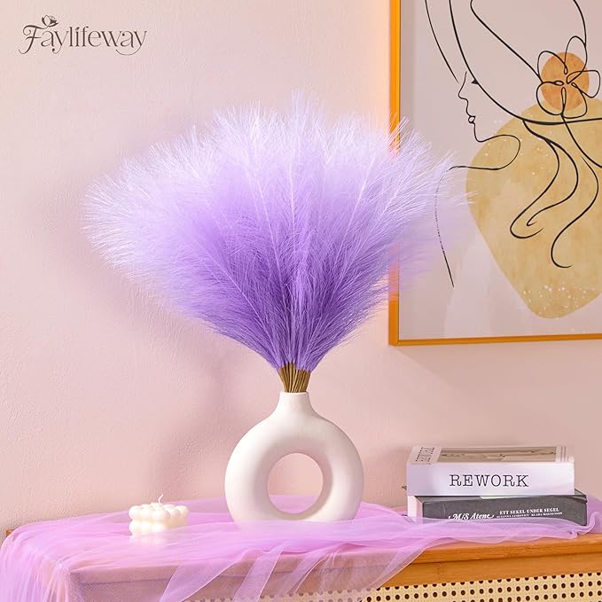 50 PCS Purple Pampas Grass, 17in Pampas Grass Decor, Artificial Pompas Wall Decor for Vase Room Bedroom Kitchen Table Wedding Party Birthday Baby Showers（Purple）