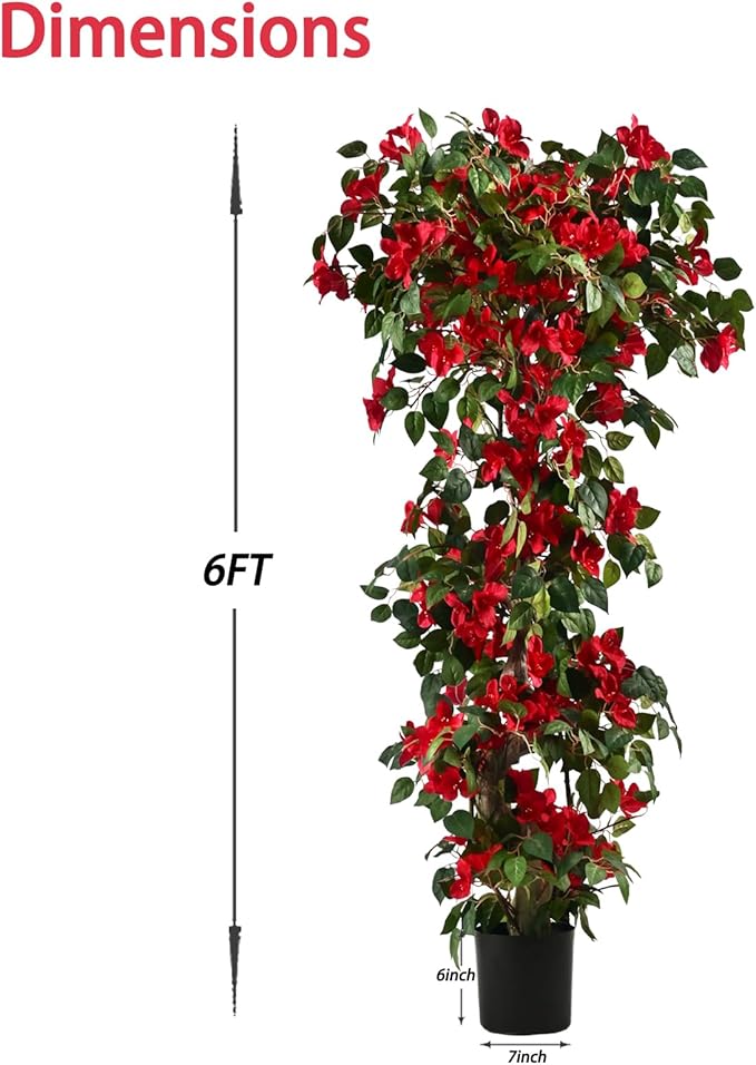 Artificial Bougainvillea Tree -6FT Faux Bougainvillea Tree with Realistic Flowers, Tall Fake Flower Tree for Indoor or Outdoor Decor, Silk Floral Plant for Living Room, Porch, Garden (Red)